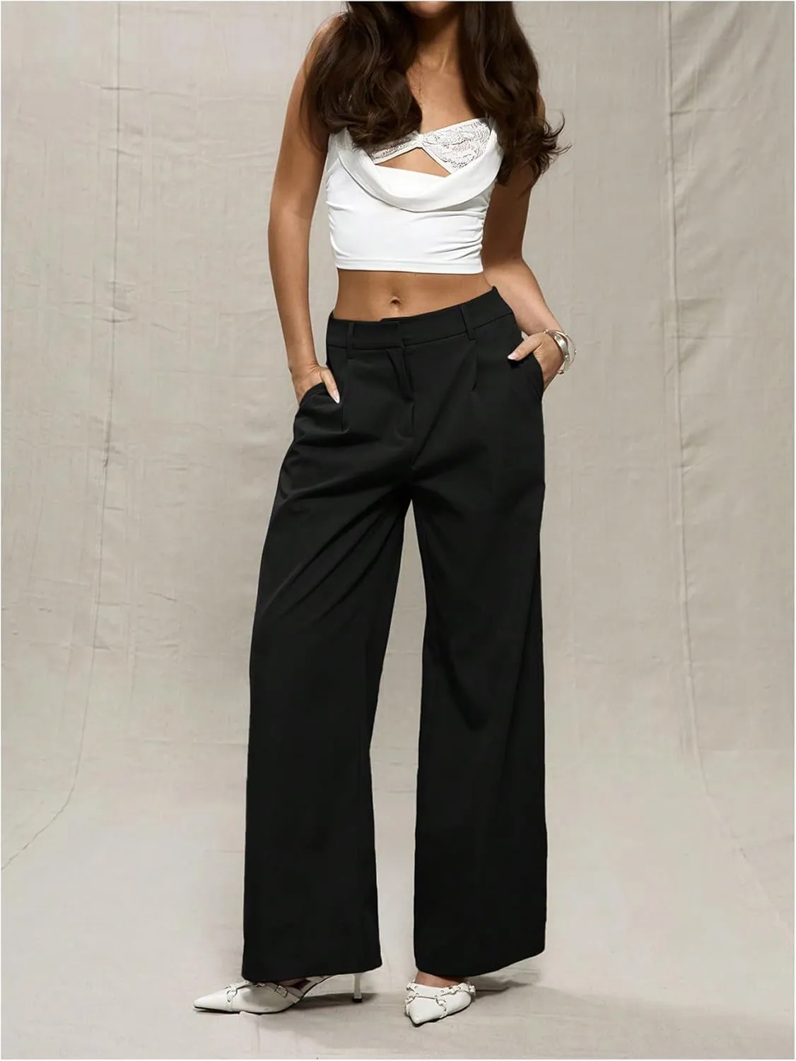 OYOANGLE Women's Straight Leg Tailored High Waisted Pants Casual Work Business Trousers with Pockets