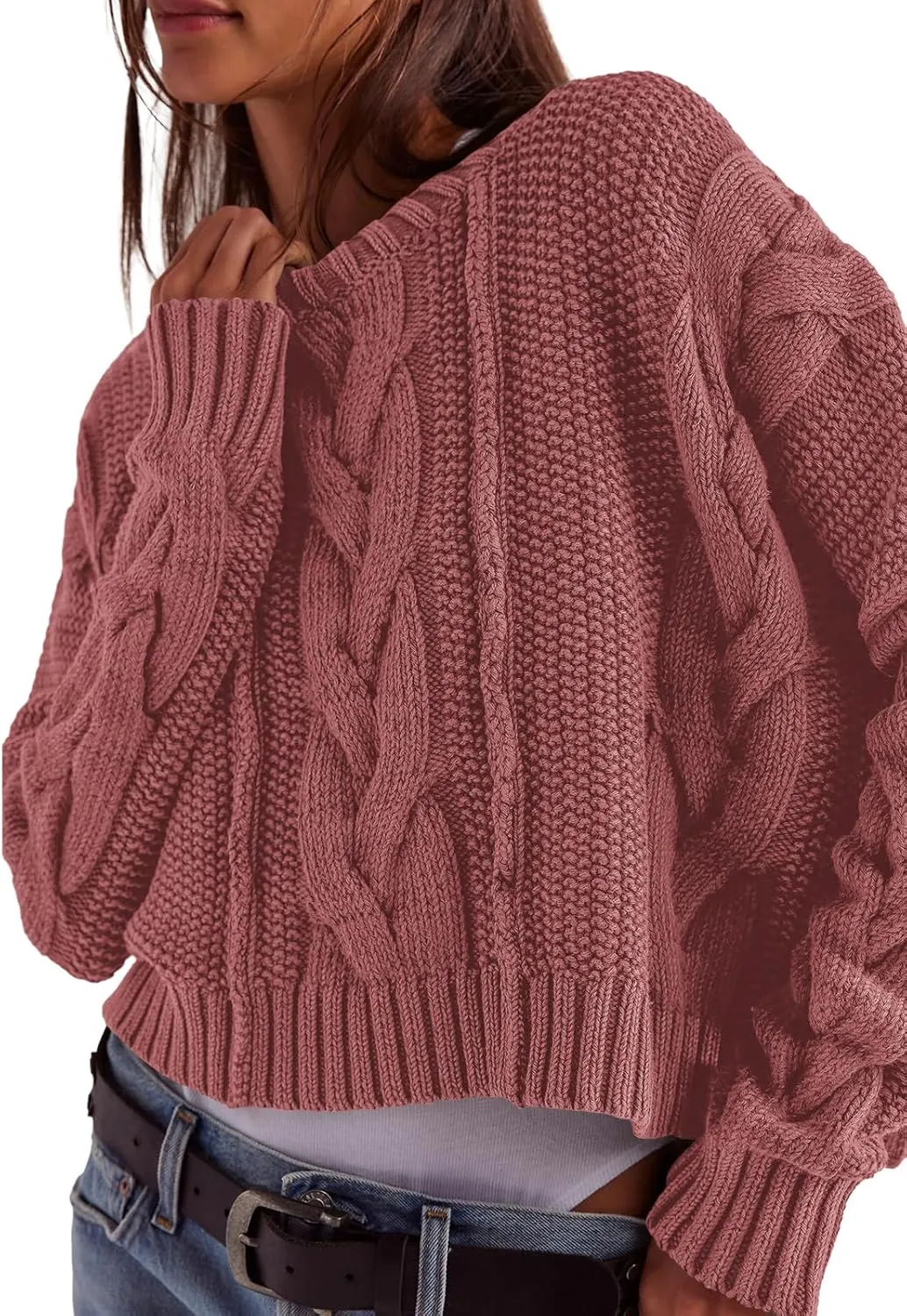 Panadila Womens Cropped Sweater Crew Neck Cable Knit Sweater Ribbed Long Sleeve Top Soft Boxy Pullover