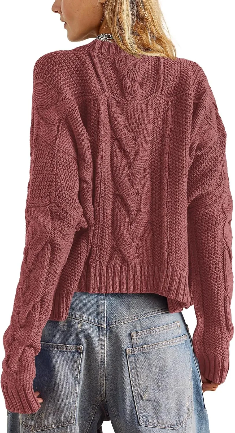Panadila Womens Cropped Sweater Crew Neck Cable Knit Sweater Ribbed Long Sleeve Top Soft Boxy Pullover