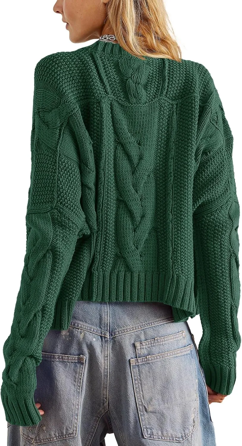 Panadila Womens Cropped Sweater Crew Neck Cable Knit Sweater Ribbed Long Sleeve Top Soft Boxy Pullover