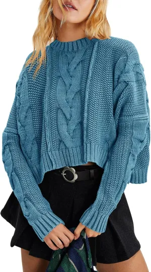 Panadila Womens Cropped Sweater Crew Neck Cable Knit Sweater Ribbed Long Sleeve Top Soft Boxy Pullover