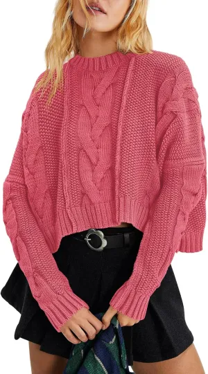 Panadila Womens Cropped Sweater Crew Neck Cable Knit Sweater Ribbed Long Sleeve Top Soft Boxy Pullover
