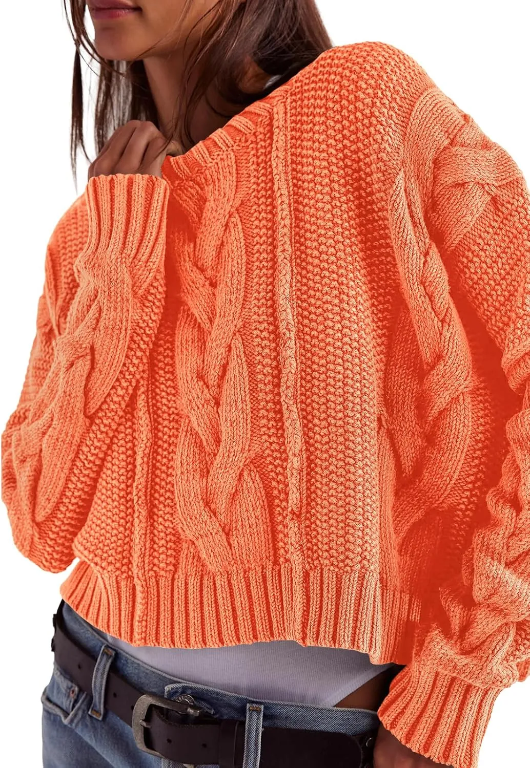 Panadila Womens Cropped Sweater Crew Neck Cable Knit Sweater Ribbed Long Sleeve Top Soft Boxy Pullover