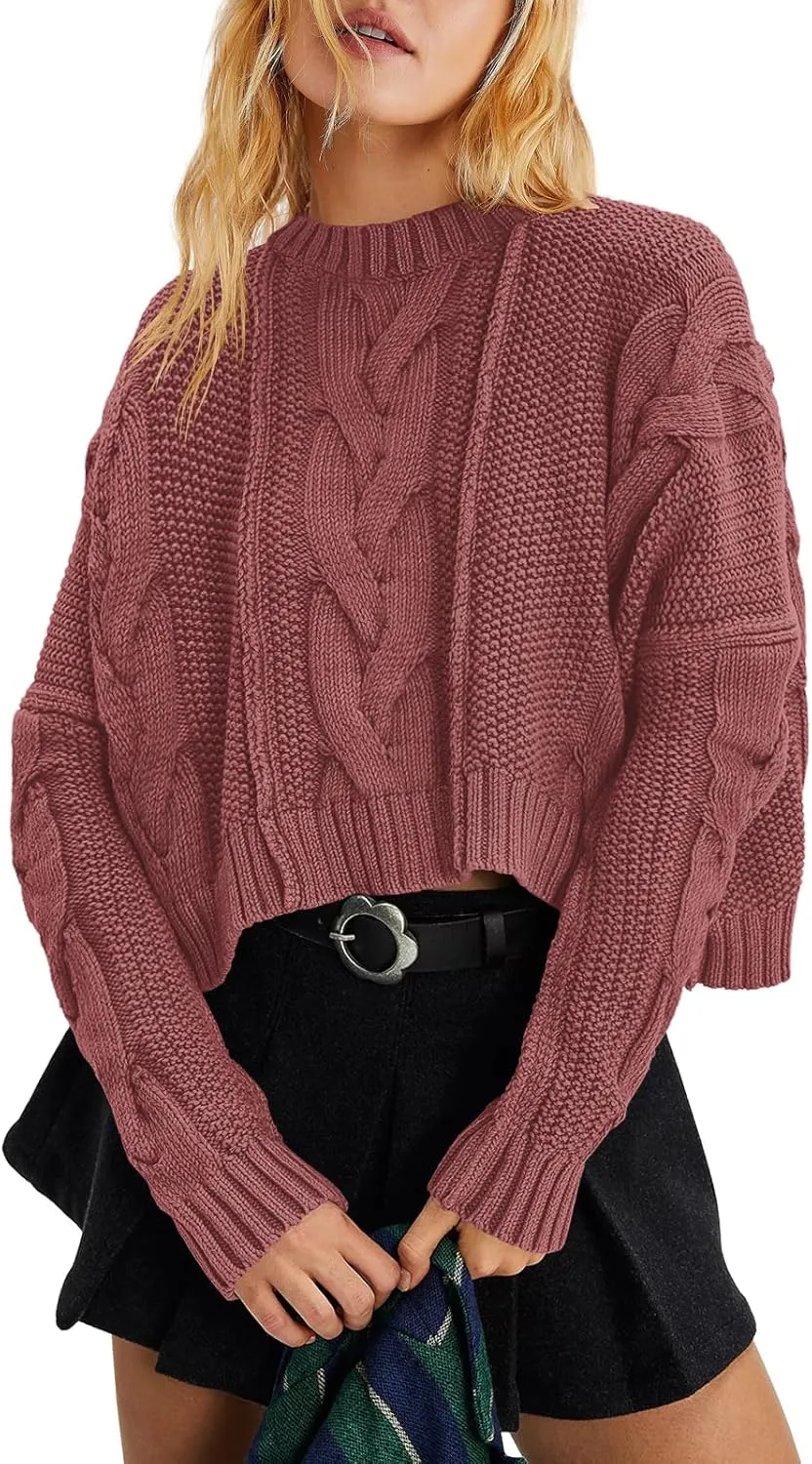Panadila Womens Cropped Sweater Crew Neck Cable Knit Sweater Ribbed Long Sleeve Top Soft Boxy Pullover