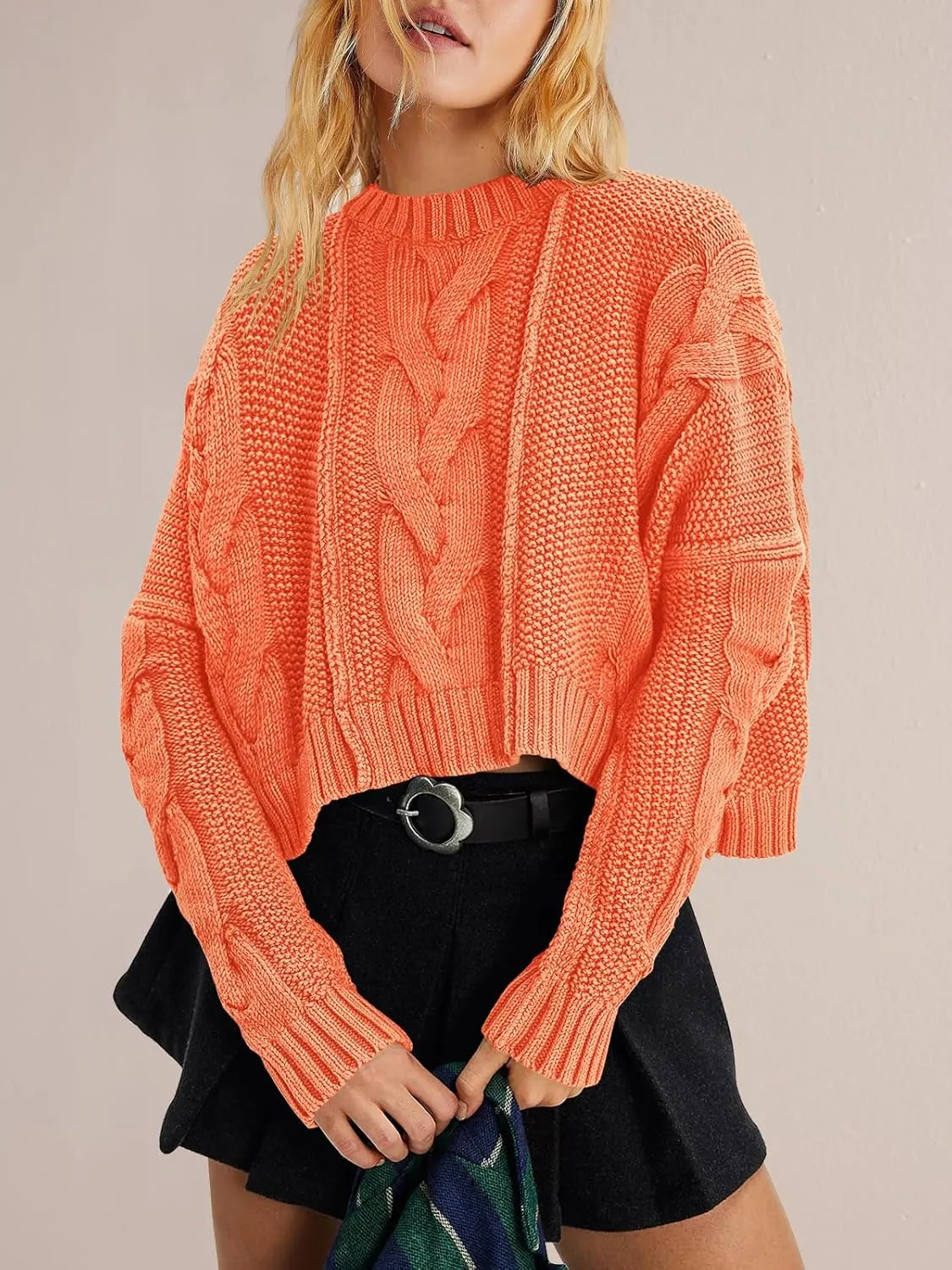 Panadila Womens Cropped Sweater Crew Neck Cable Knit Sweater Ribbed Long Sleeve Top Soft Boxy Pullover