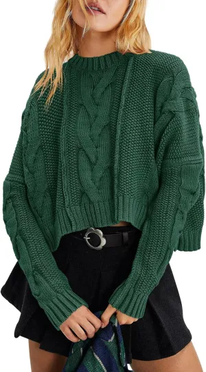 Panadila Womens Cropped Sweater Crew Neck Cable Knit Sweater Ribbed Long Sleeve Top Soft Boxy Pullover