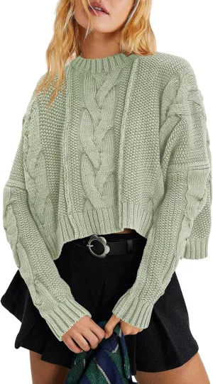 Panadila Womens Cropped Sweater Crew Neck Cable Knit Sweater Ribbed Long Sleeve Top Soft Boxy Pullover