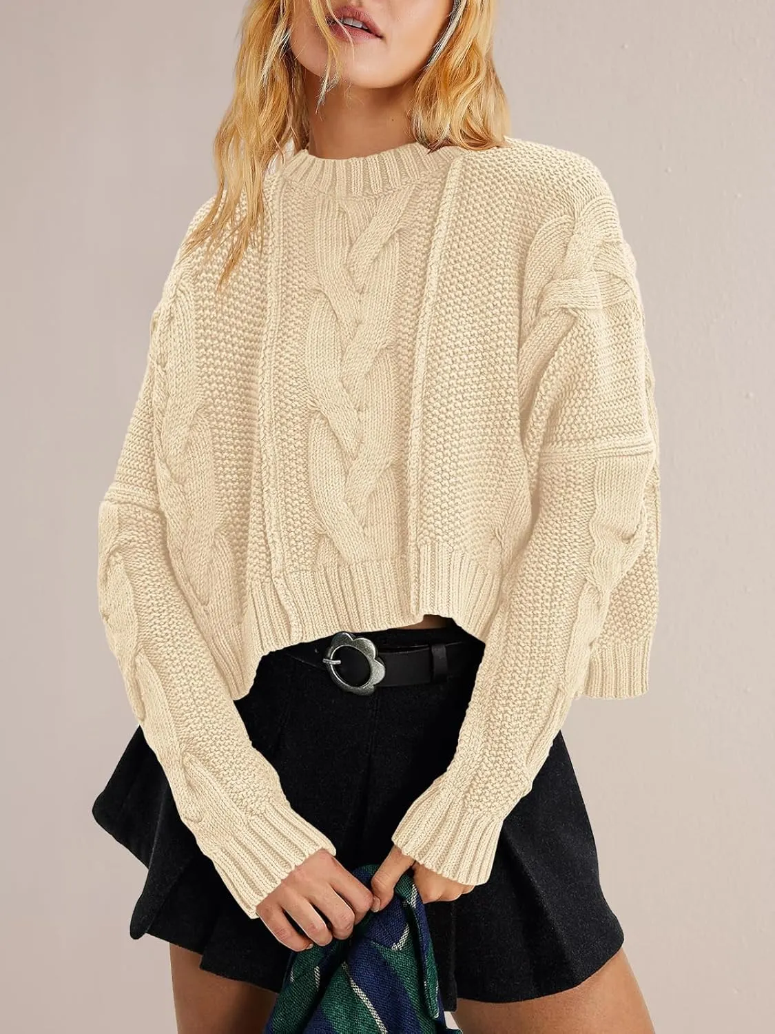 Panadila Womens Cropped Sweater Crew Neck Cable Knit Sweater Ribbed Long Sleeve Top Soft Boxy Pullover