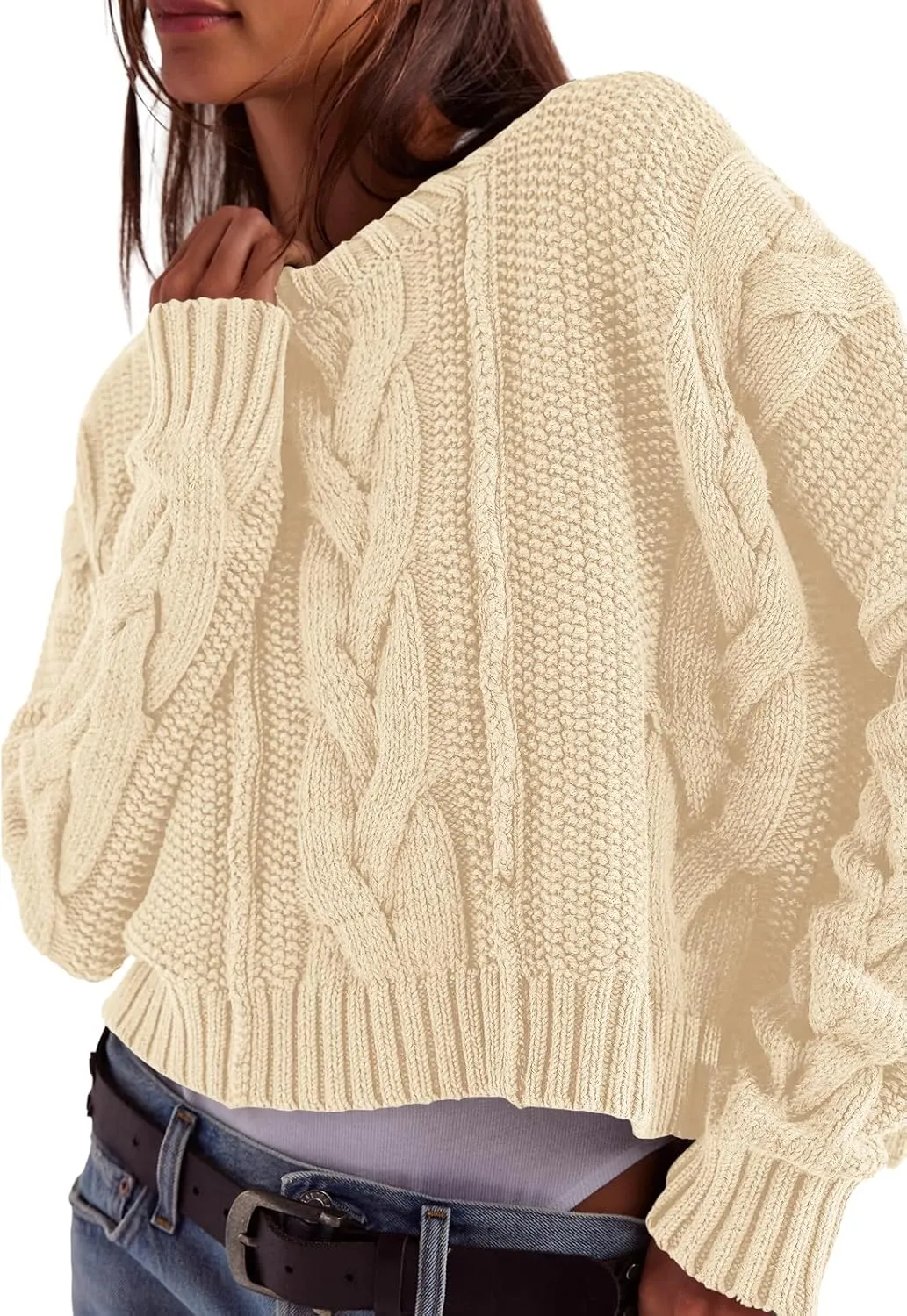 Panadila Womens Cropped Sweater Crew Neck Cable Knit Sweater Ribbed Long Sleeve Top Soft Boxy Pullover
