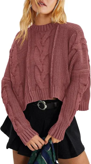 Panadila Womens Cropped Sweater Crew Neck Cable Knit Sweater Ribbed Long Sleeve Top Soft Boxy Pullover