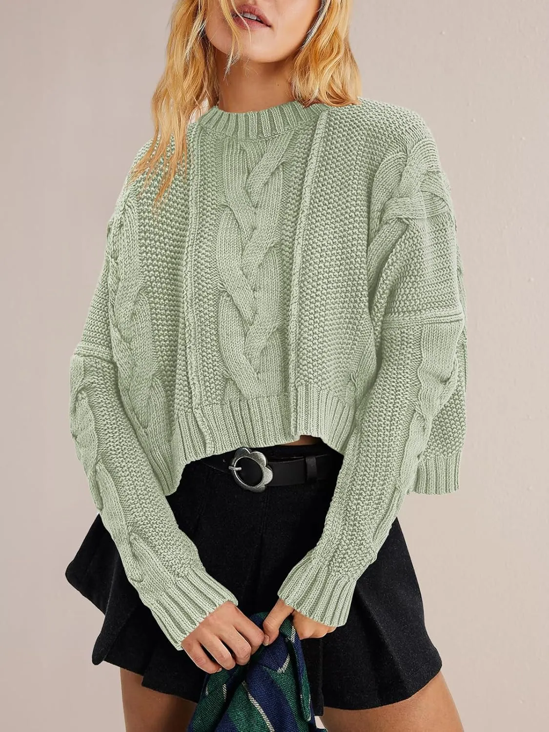 Panadila Womens Cropped Sweater Crew Neck Cable Knit Sweater Ribbed Long Sleeve Top Soft Boxy Pullover