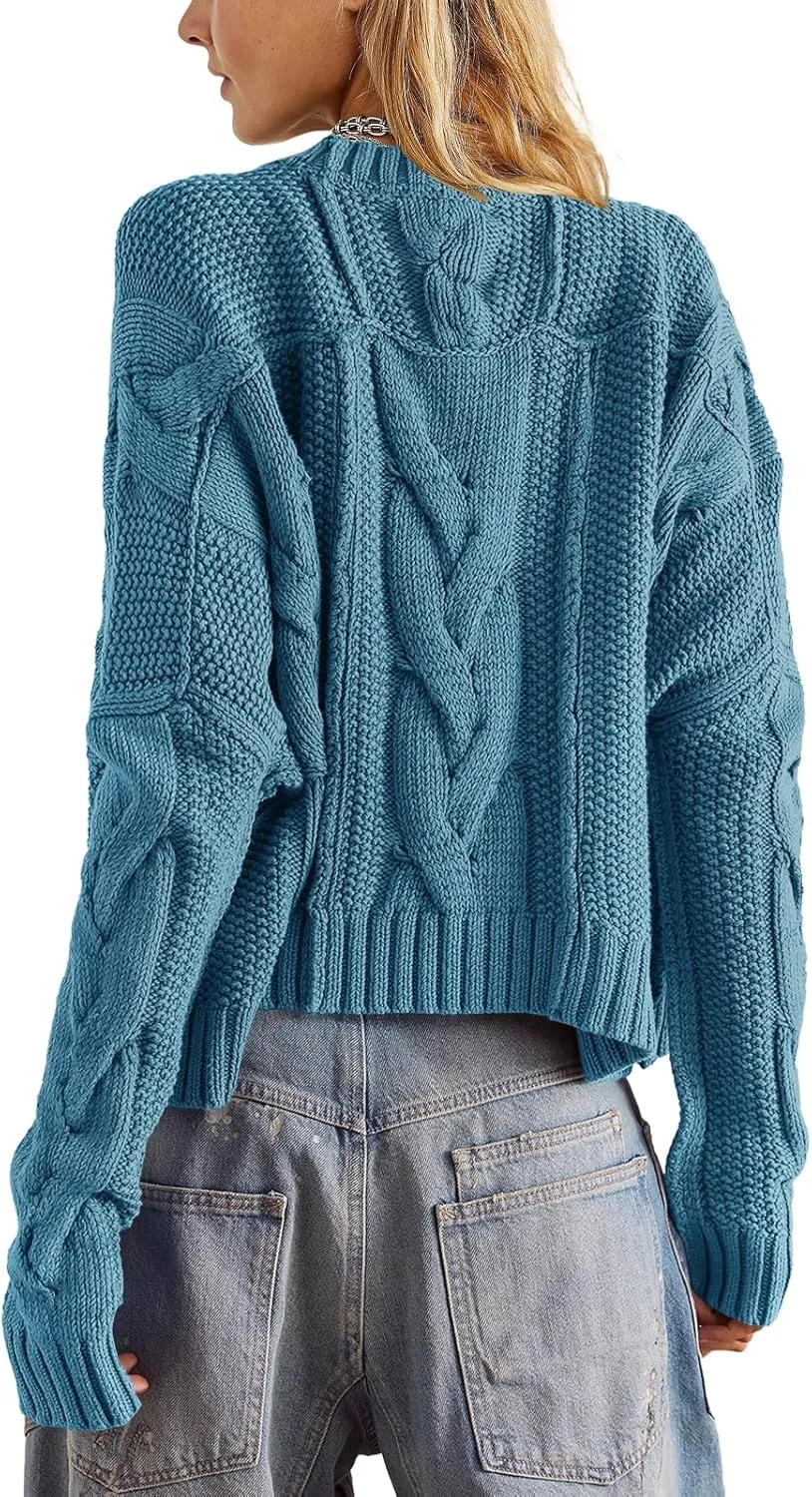 Panadila Womens Cropped Sweater Crew Neck Cable Knit Sweater Ribbed Long Sleeve Top Soft Boxy Pullover