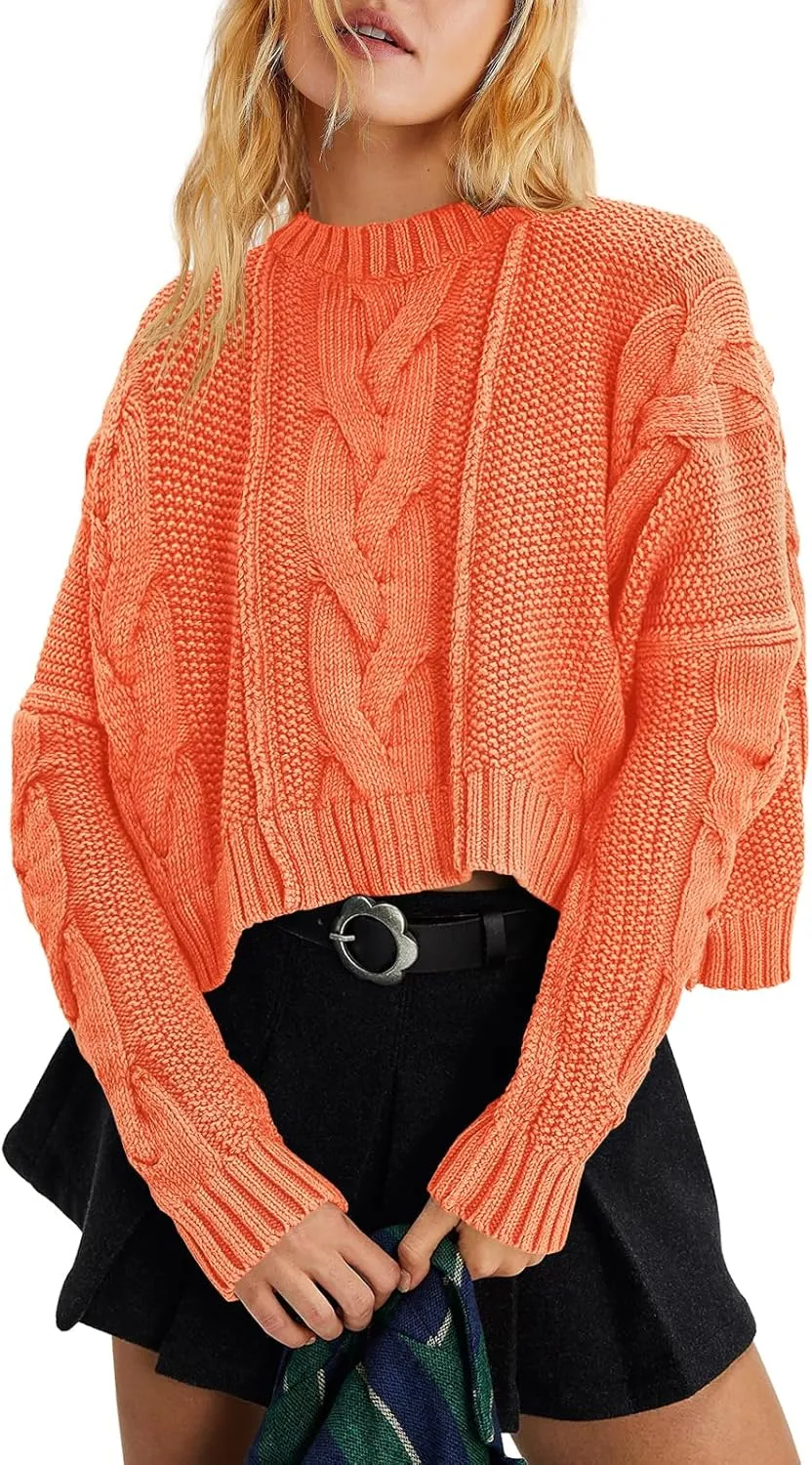 Panadila Womens Cropped Sweater Crew Neck Cable Knit Sweater Ribbed Long Sleeve Top Soft Boxy Pullover