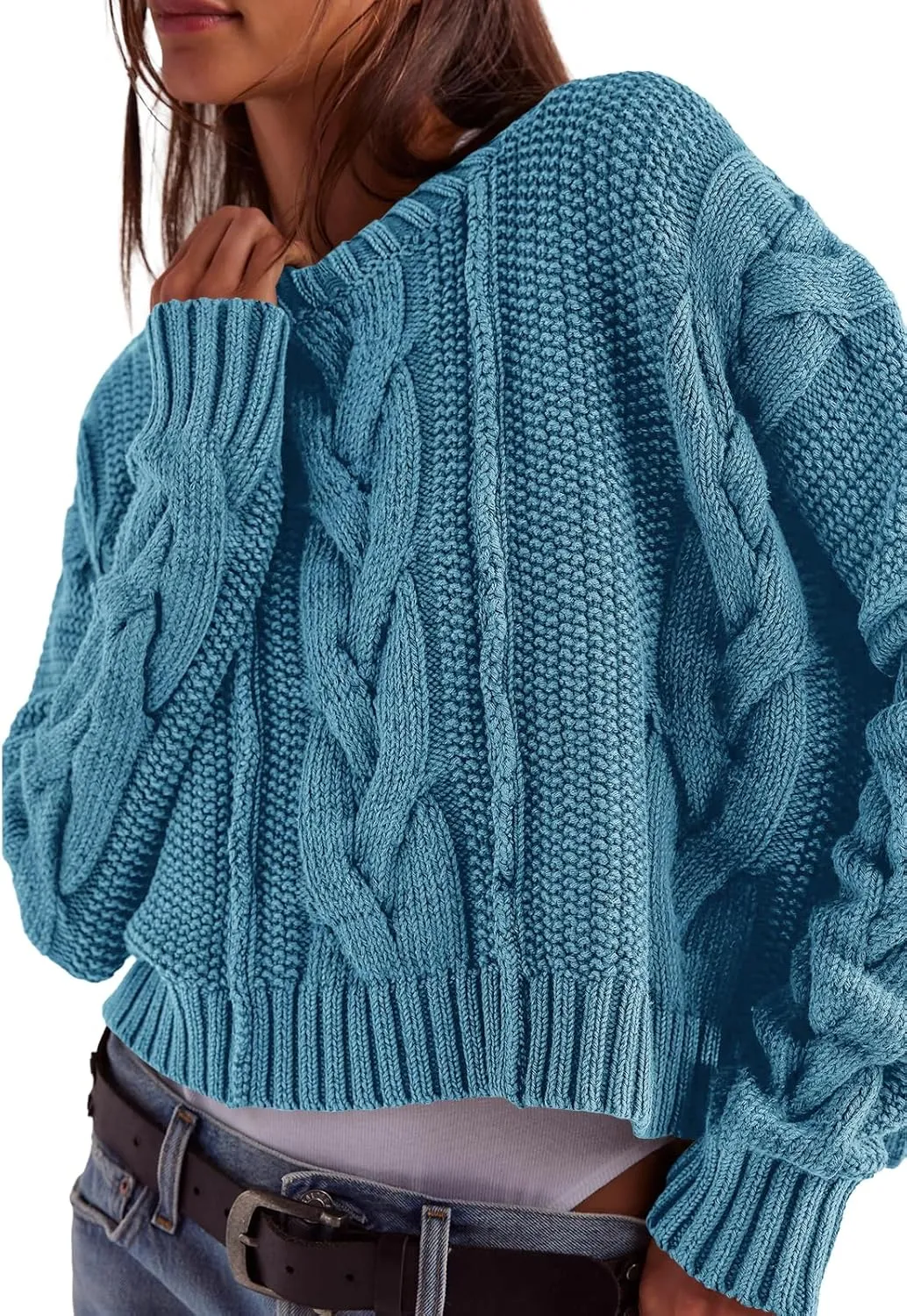 Panadila Womens Cropped Sweater Crew Neck Cable Knit Sweater Ribbed Long Sleeve Top Soft Boxy Pullover