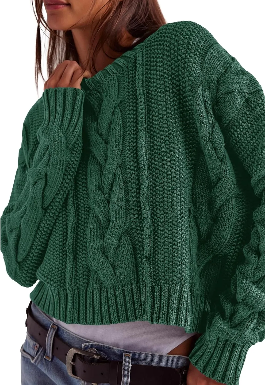 Panadila Womens Cropped Sweater Crew Neck Cable Knit Sweater Ribbed Long Sleeve Top Soft Boxy Pullover