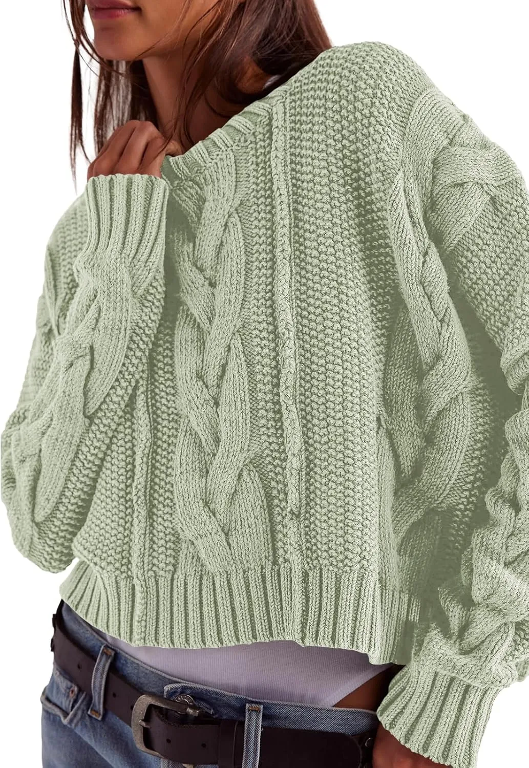 Panadila Womens Cropped Sweater Crew Neck Cable Knit Sweater Ribbed Long Sleeve Top Soft Boxy Pullover