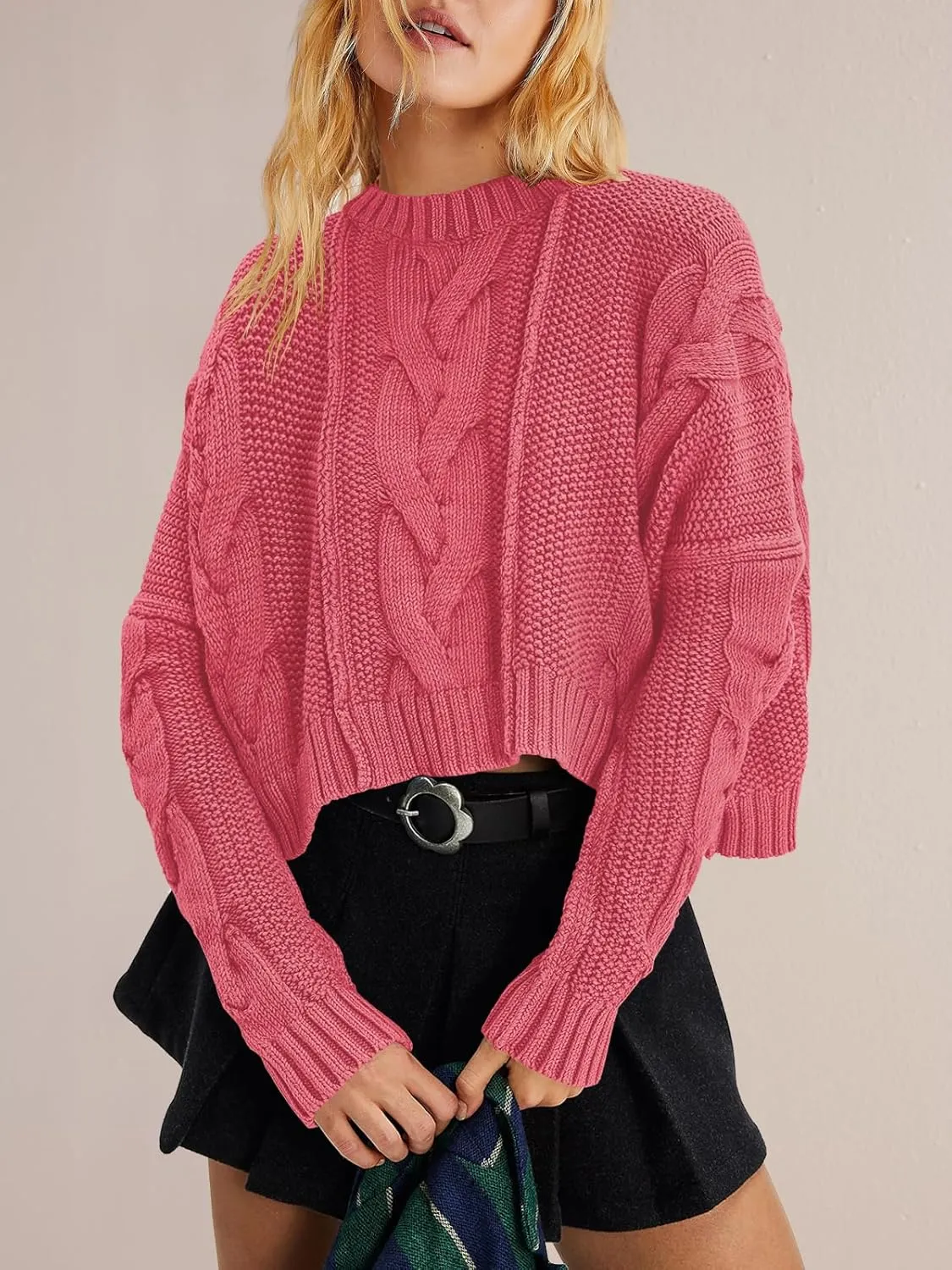 Panadila Womens Cropped Sweater Crew Neck Cable Knit Sweater Ribbed Long Sleeve Top Soft Boxy Pullover