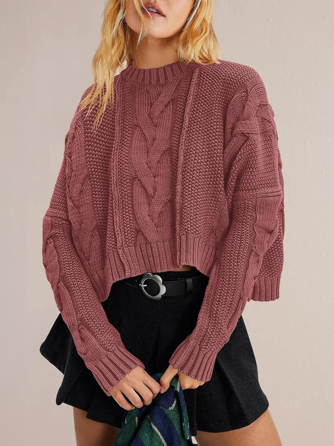 Panadila Womens Cropped Sweater Crew Neck Cable Knit Sweater Ribbed Long Sleeve Top Soft Boxy Pullover