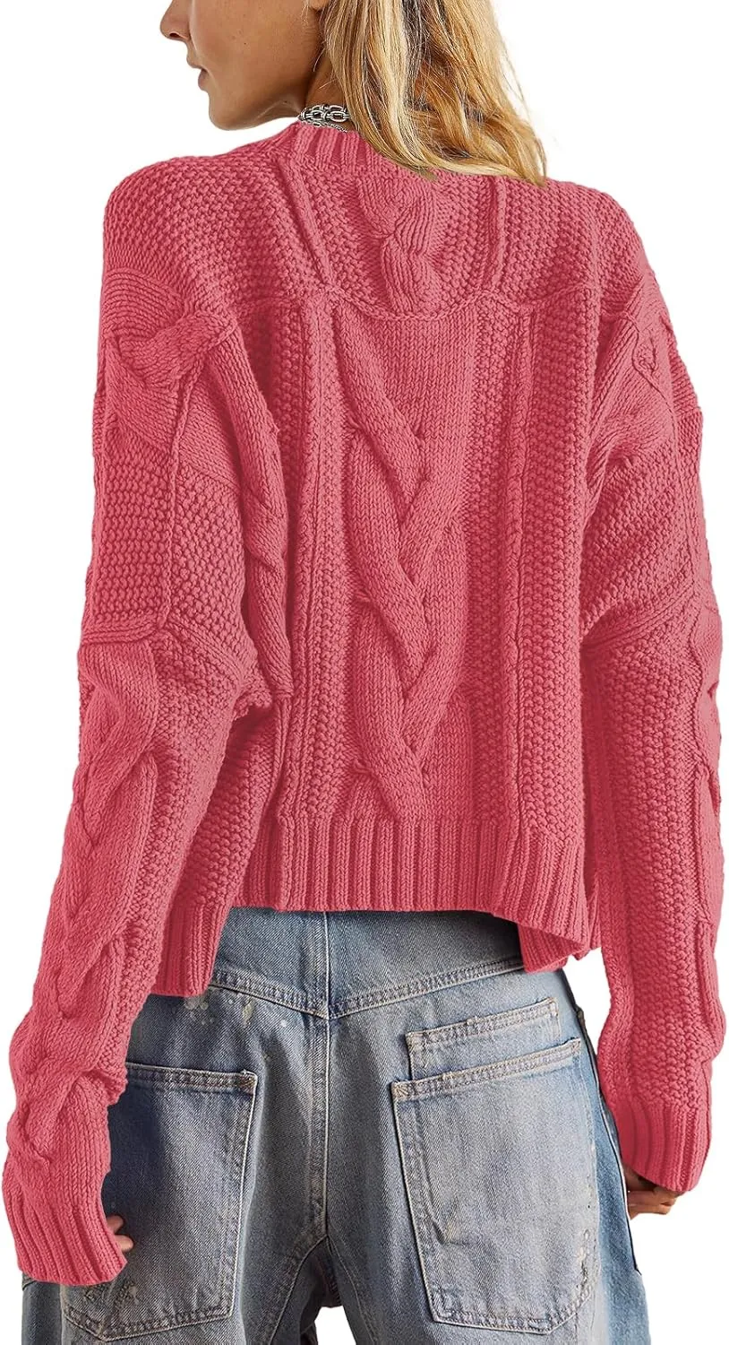 Panadila Womens Cropped Sweater Crew Neck Cable Knit Sweater Ribbed Long Sleeve Top Soft Boxy Pullover