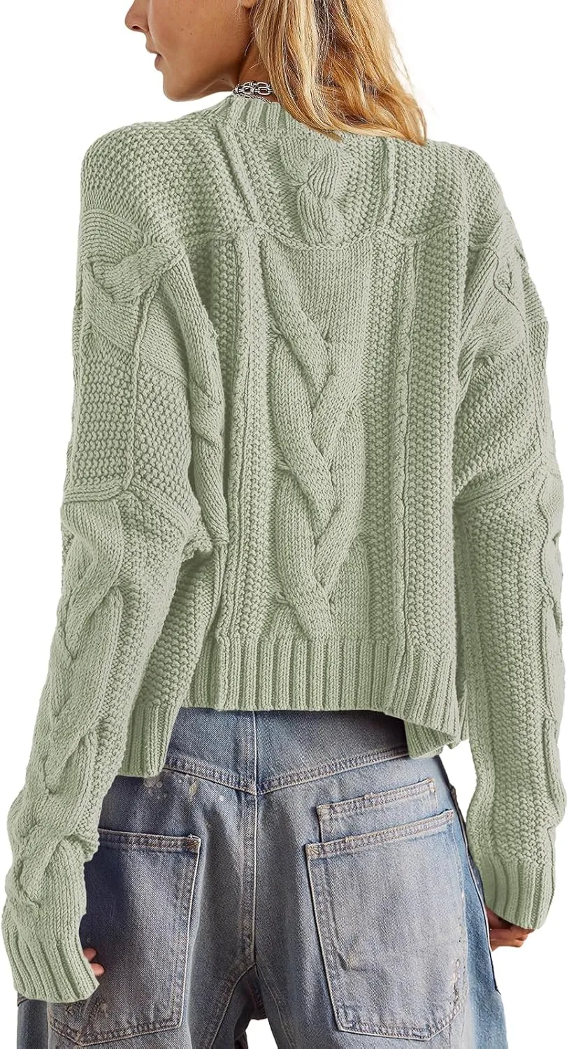 Panadila Womens Cropped Sweater Crew Neck Cable Knit Sweater Ribbed Long Sleeve Top Soft Boxy Pullover