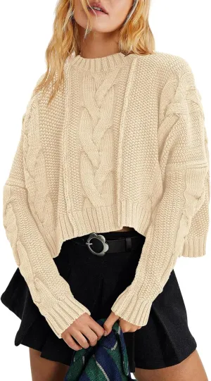 Panadila Womens Cropped Sweater Crew Neck Cable Knit Sweater Ribbed Long Sleeve Top Soft Boxy Pullover
