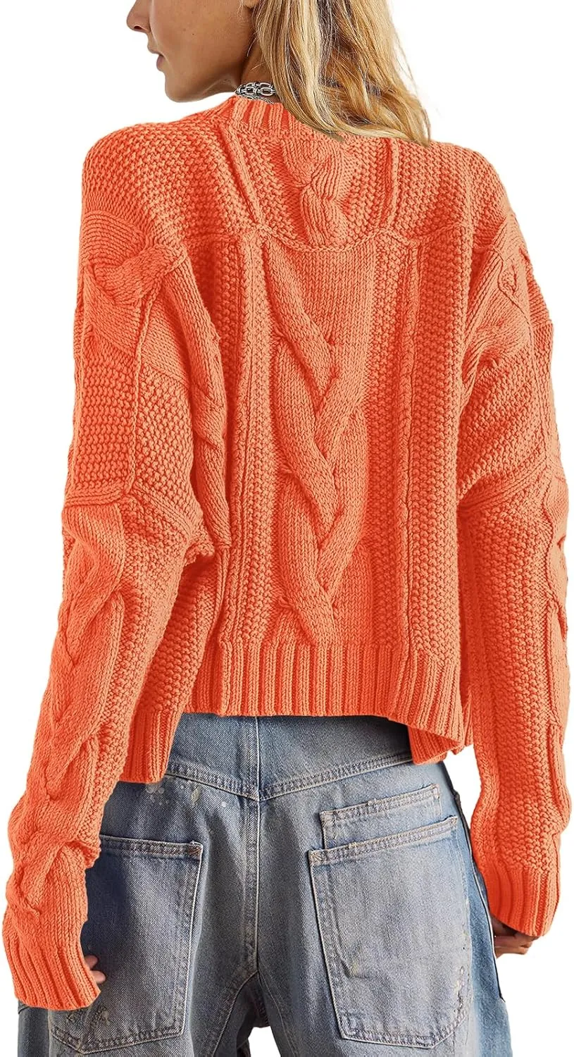 Panadila Womens Cropped Sweater Crew Neck Cable Knit Sweater Ribbed Long Sleeve Top Soft Boxy Pullover