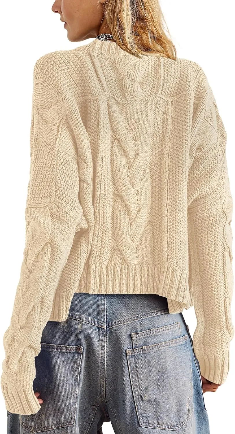 Panadila Womens Cropped Sweater Crew Neck Cable Knit Sweater Ribbed Long Sleeve Top Soft Boxy Pullover