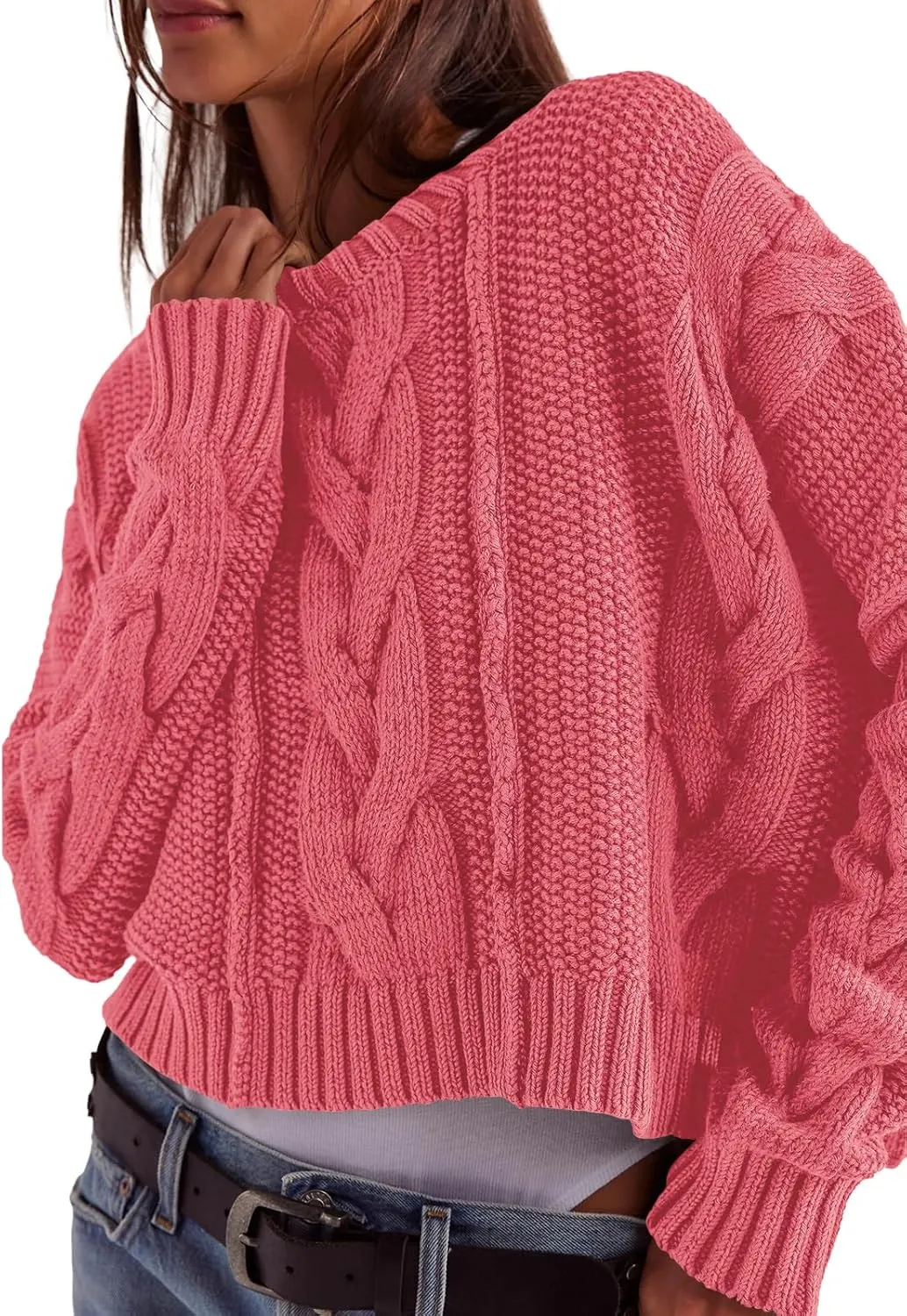 Panadila Womens Cropped Sweater Crew Neck Cable Knit Sweater Ribbed Long Sleeve Top Soft Boxy Pullover