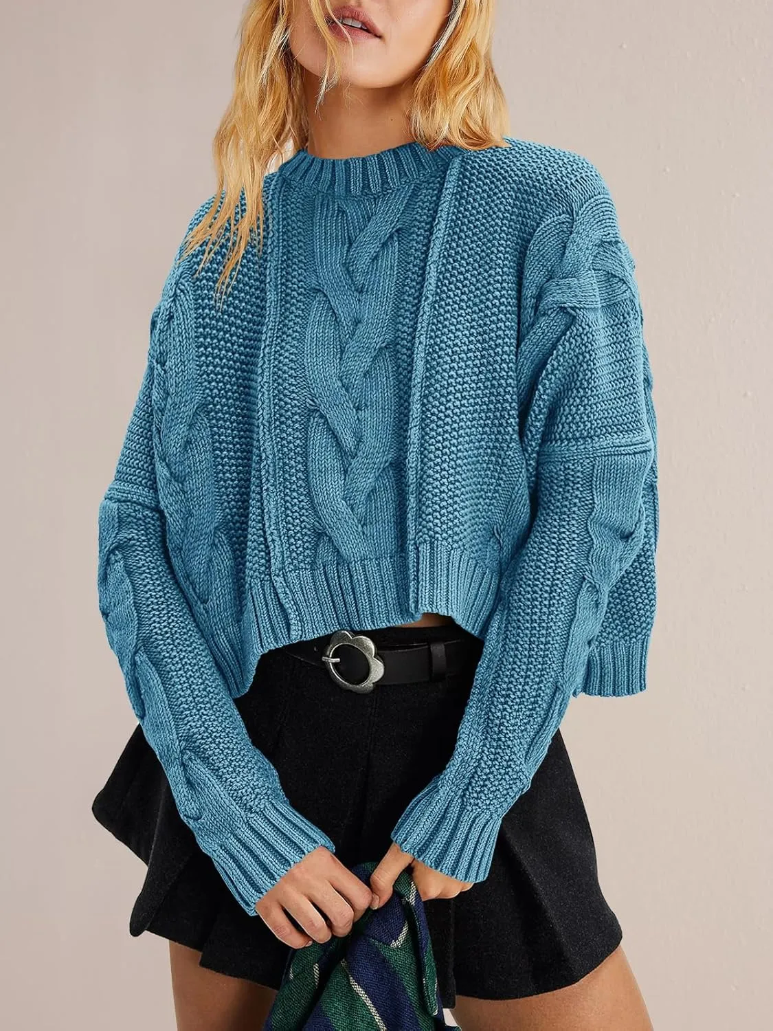 Panadila Womens Cropped Sweater Crew Neck Cable Knit Sweater Ribbed Long Sleeve Top Soft Boxy Pullover