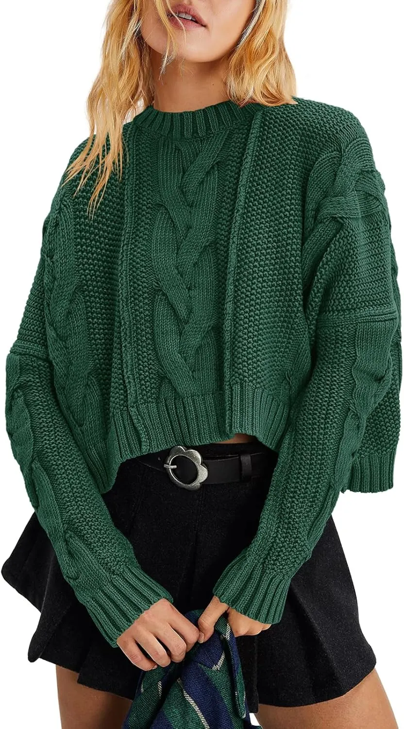 Panadila Womens Cropped Sweater Crew Neck Cable Knit Sweater Ribbed Long Sleeve Top Soft Boxy Pullover