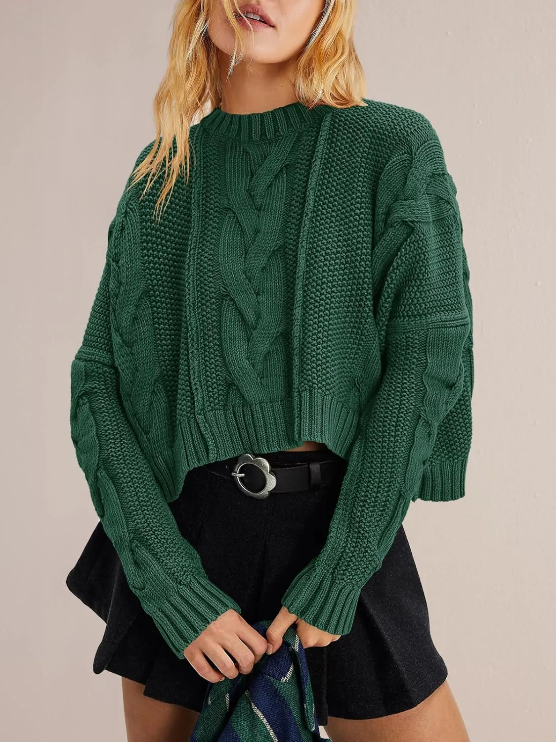 Panadila Womens Cropped Sweater Crew Neck Cable Knit Sweater Ribbed Long Sleeve Top Soft Boxy Pullover