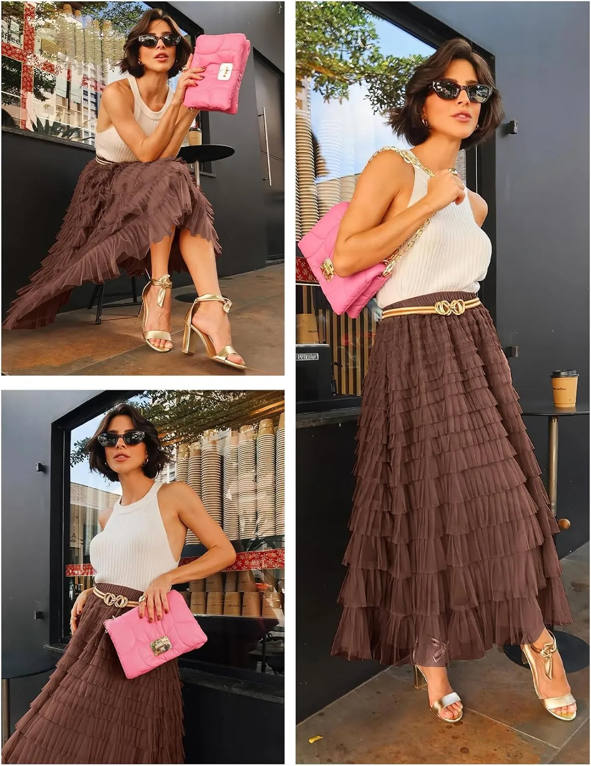 PEHMEA Women's Tiered Tulle Midi Skirt Elastic High Waist Flowy A-Line Maxi Skirts with Ruffle Layers for Party Wedding Daily
