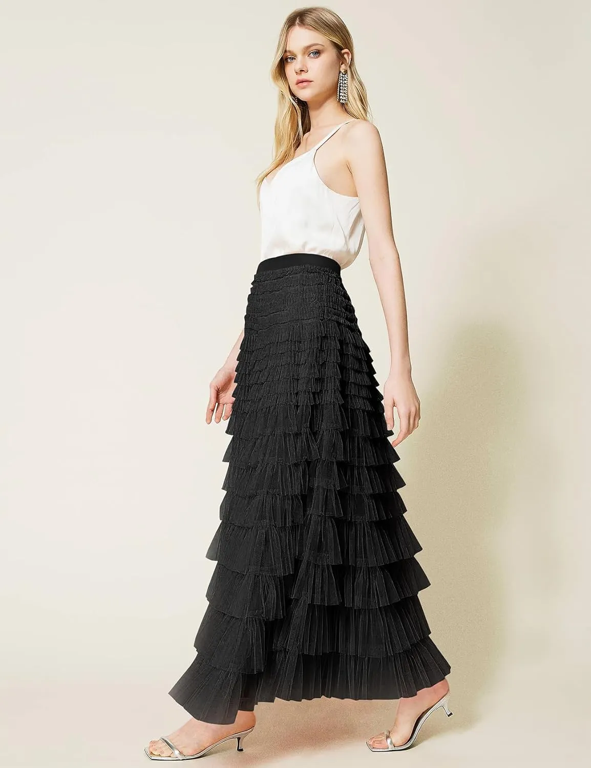 PEHMEA Women's Tiered Tulle Midi Skirt Elastic High Waist Flowy A-Line Maxi Skirts with Ruffle Layers for Party Wedding Daily