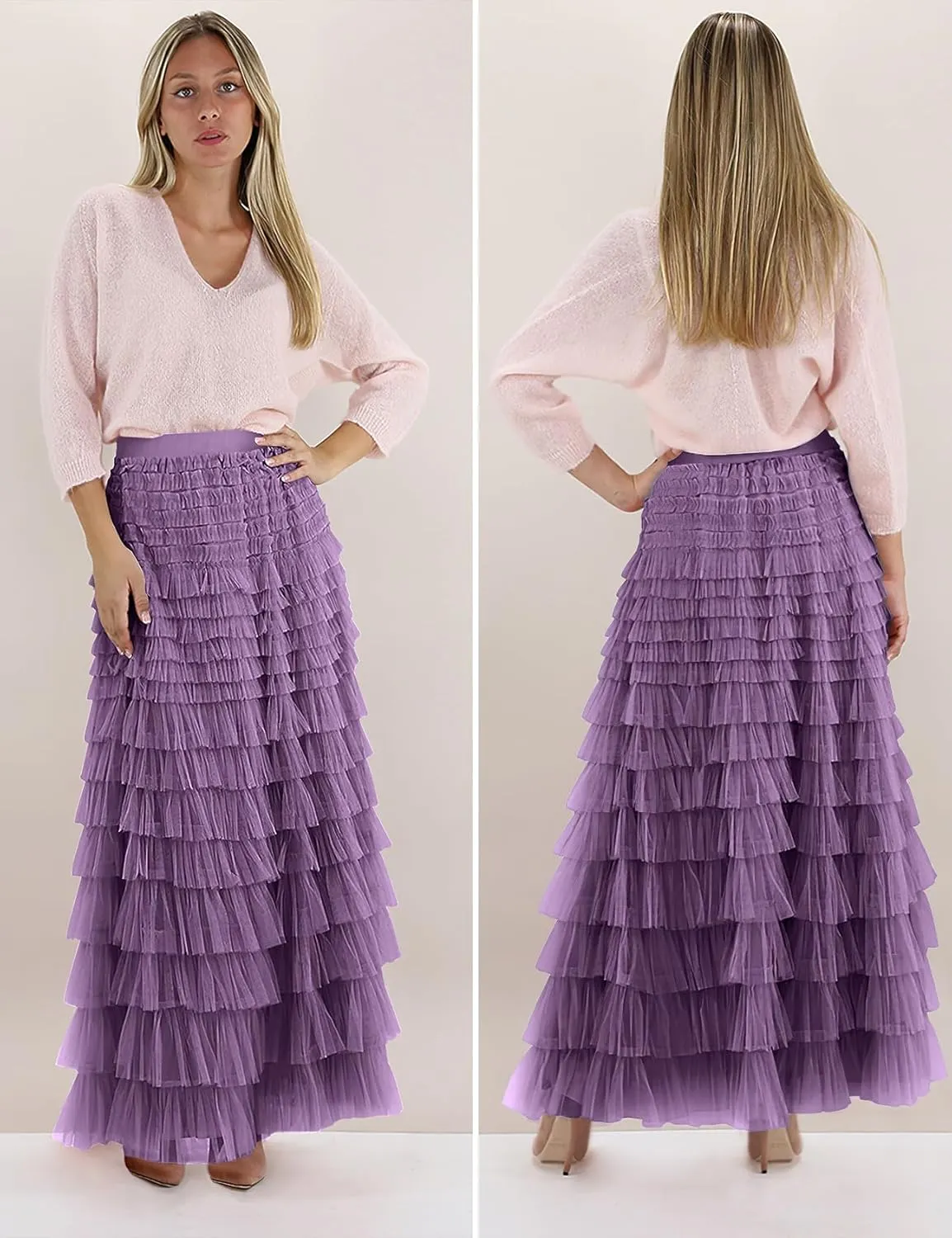 PEHMEA Women's Tiered Tulle Midi Skirt Elastic High Waist Flowy A-Line Maxi Skirts with Ruffle Layers for Party Wedding Daily