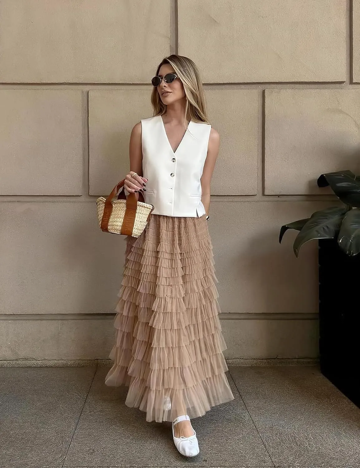 PEHMEA Women's Tiered Tulle Midi Skirt Elastic High Waist Flowy A-Line Maxi Skirts with Ruffle Layers for Party Wedding Daily