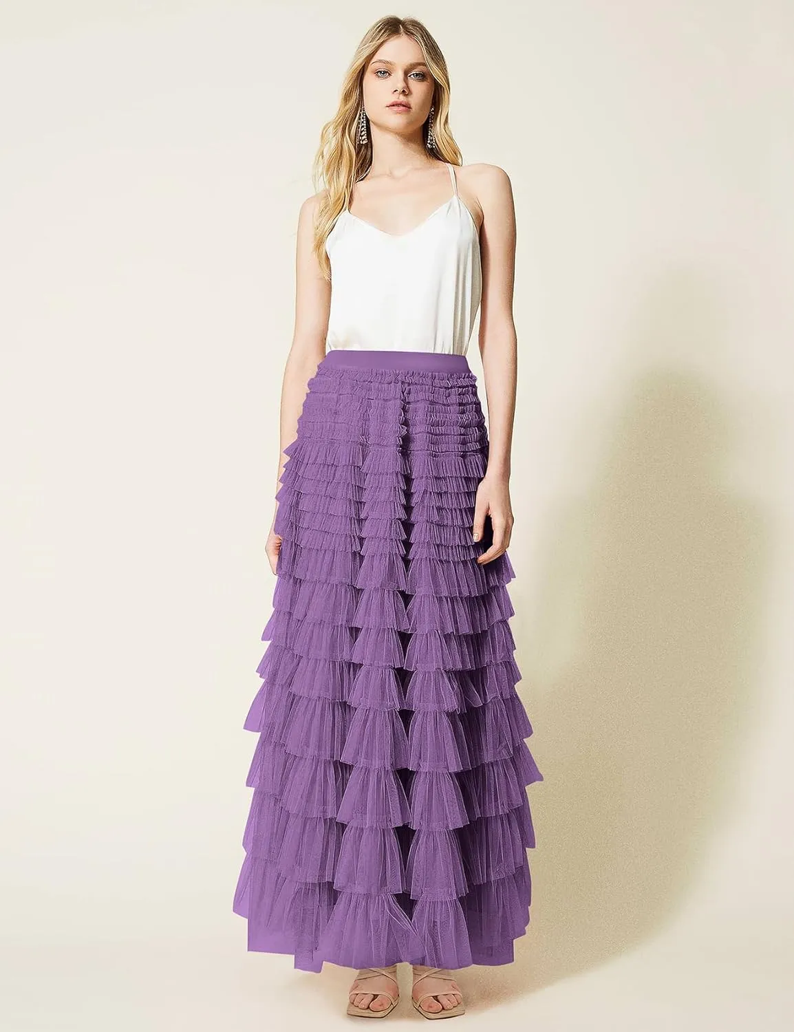 PEHMEA Women's Tiered Tulle Midi Skirt Elastic High Waist Flowy A-Line Maxi Skirts with Ruffle Layers for Party Wedding Daily