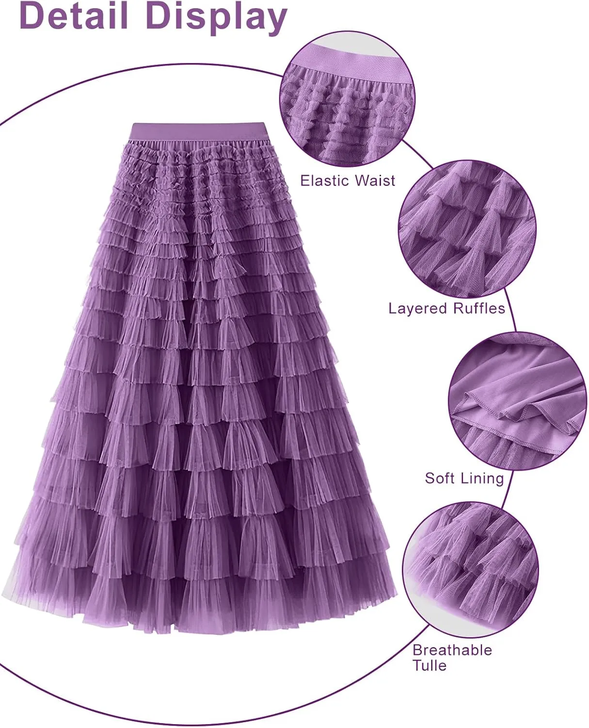 PEHMEA Women's Tiered Tulle Midi Skirt Elastic High Waist Flowy A-Line Maxi Skirts with Ruffle Layers for Party Wedding Daily