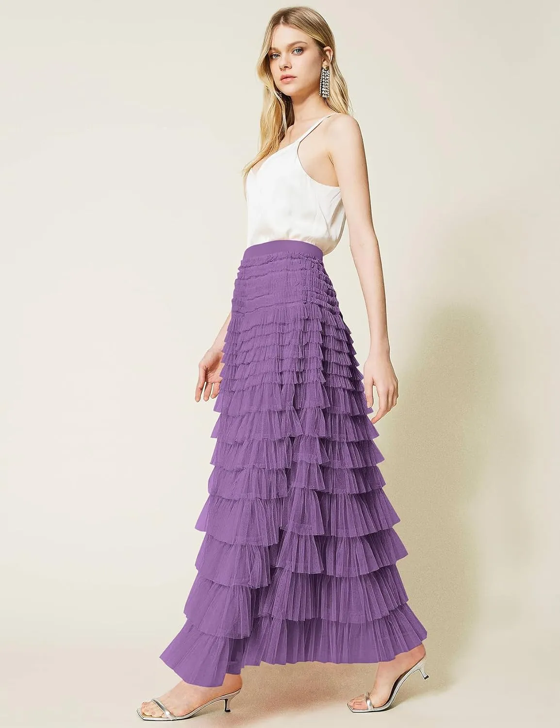PEHMEA Women's Tiered Tulle Midi Skirt Elastic High Waist Flowy A-Line Maxi Skirts with Ruffle Layers for Party Wedding Daily