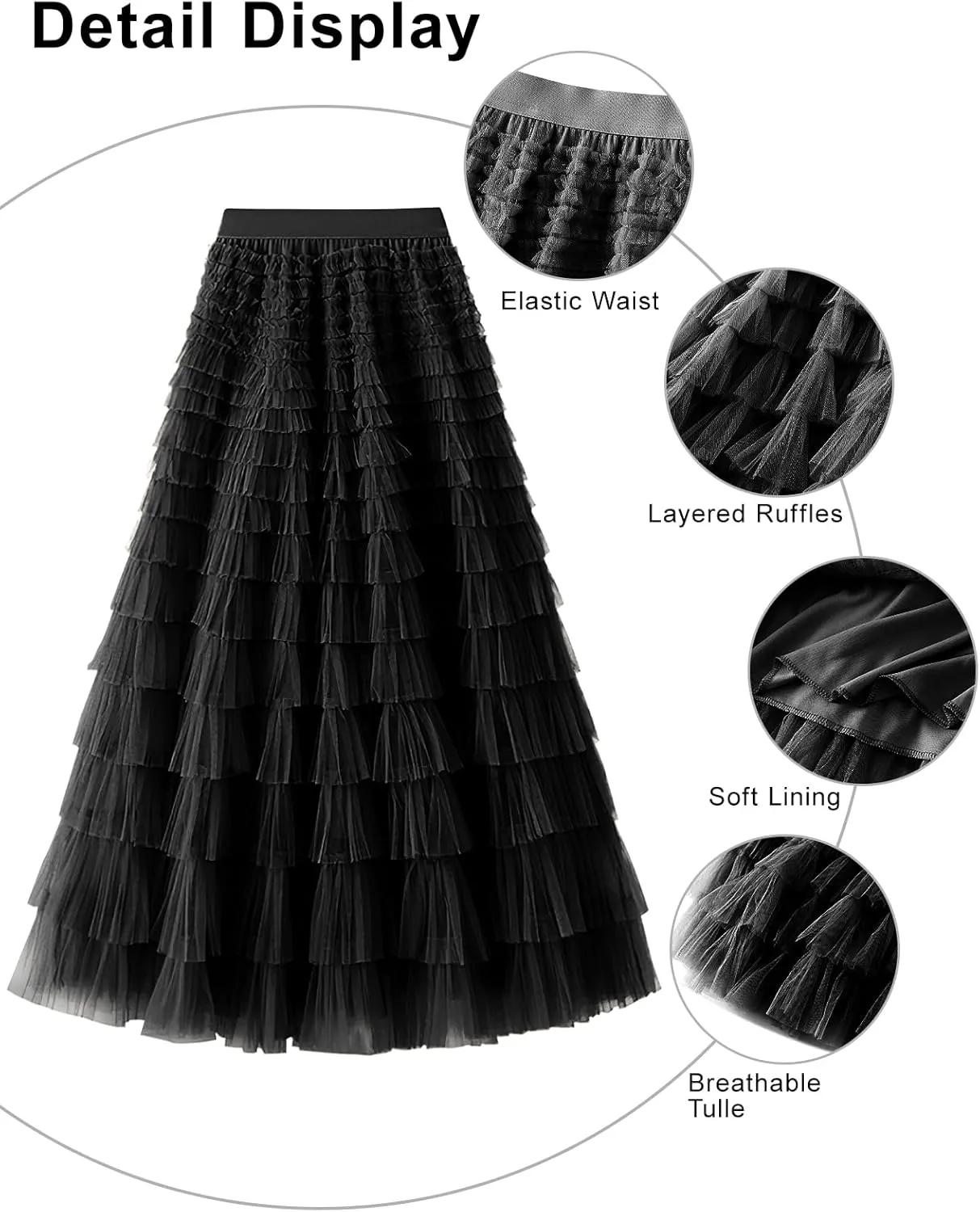 PEHMEA Women's Tiered Tulle Midi Skirt Elastic High Waist Flowy A-Line Maxi Skirts with Ruffle Layers for Party Wedding Daily