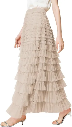 PEHMEA Women's Tiered Tulle Midi Skirt Elastic High Waist Flowy A-Line Maxi Skirts with Ruffle Layers for Party Wedding Daily