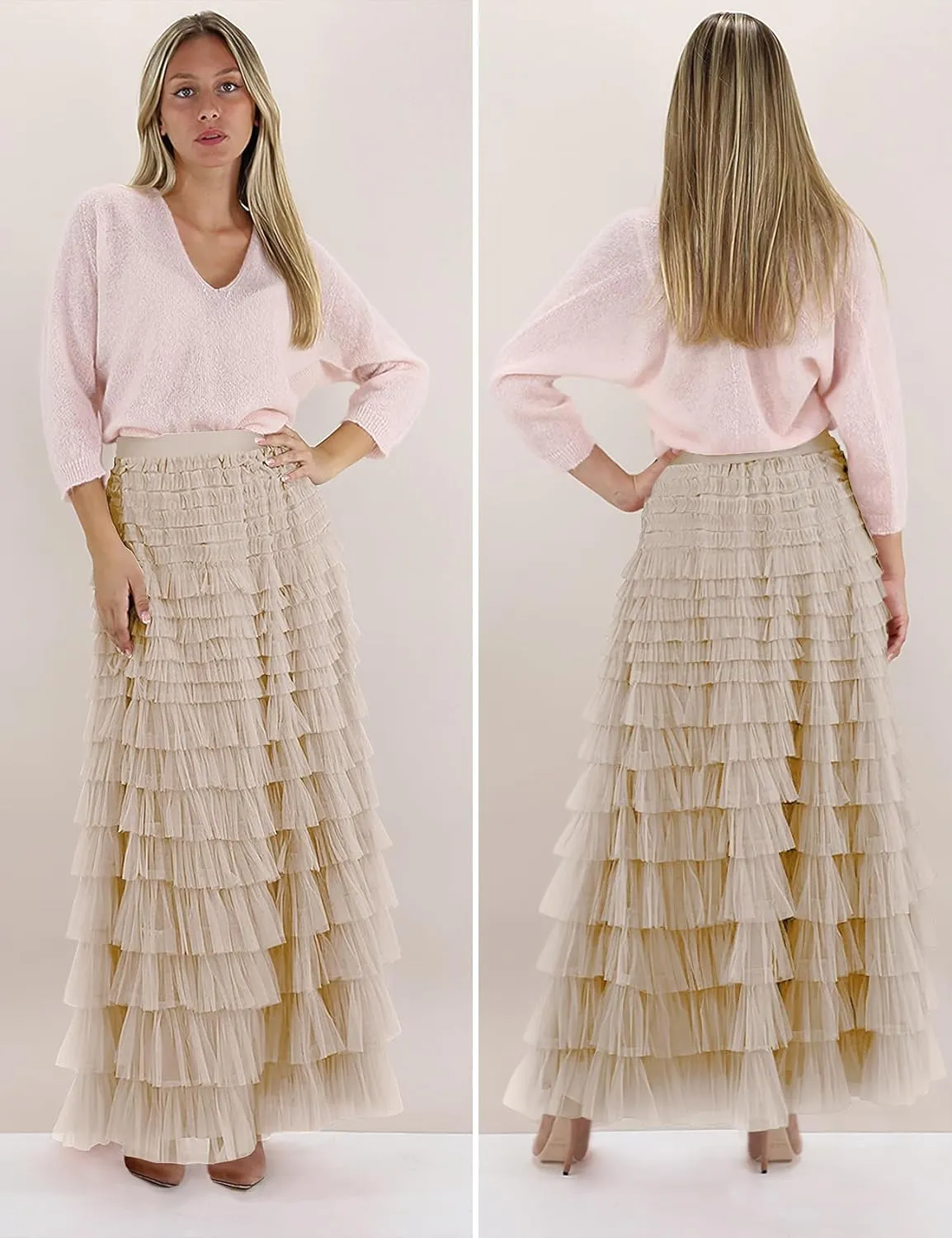 PEHMEA Women's Tiered Tulle Midi Skirt Elastic High Waist Flowy A-Line Maxi Skirts with Ruffle Layers for Party Wedding Daily