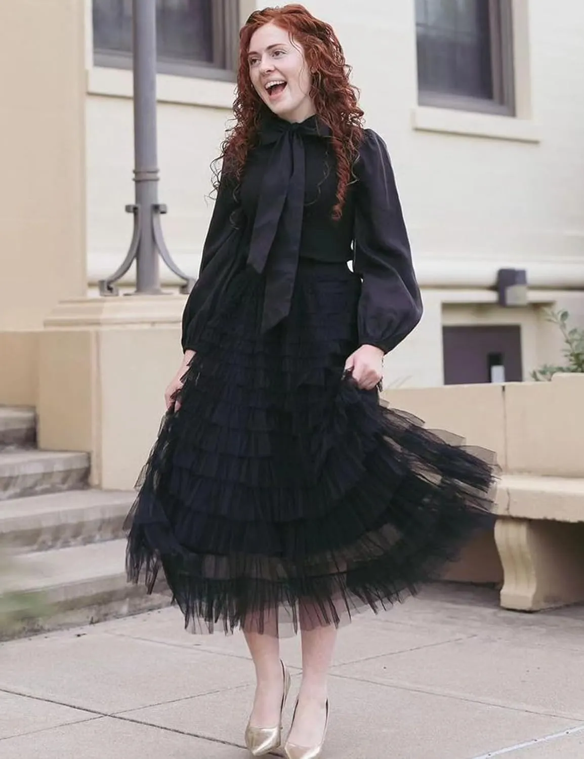 PEHMEA Women's Tiered Tulle Midi Skirt Elastic High Waist Flowy A-Line Maxi Skirts with Ruffle Layers for Party Wedding Daily