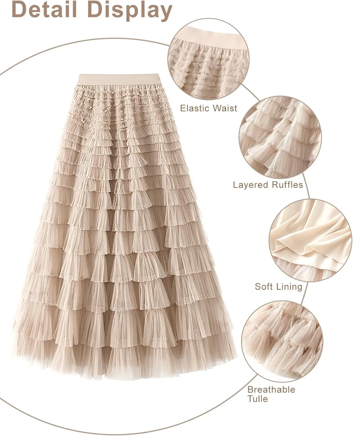 PEHMEA Women's Tiered Tulle Midi Skirt Elastic High Waist Flowy A-Line Maxi Skirts with Ruffle Layers for Party Wedding Daily