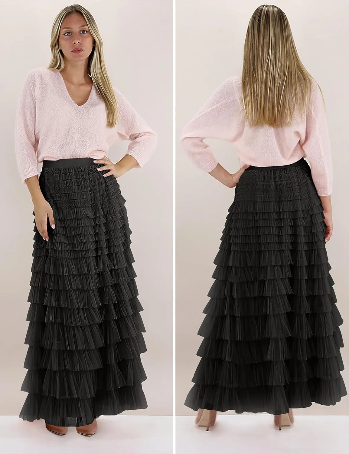PEHMEA Women's Tiered Tulle Midi Skirt Elastic High Waist Flowy A-Line Maxi Skirts with Ruffle Layers for Party Wedding Daily