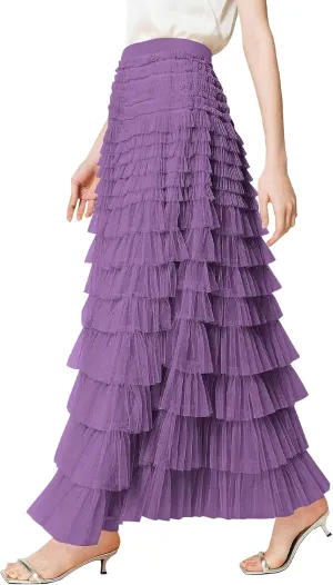 PEHMEA Women's Tiered Tulle Midi Skirt Elastic High Waist Flowy A-Line Maxi Skirts with Ruffle Layers for Party Wedding Daily