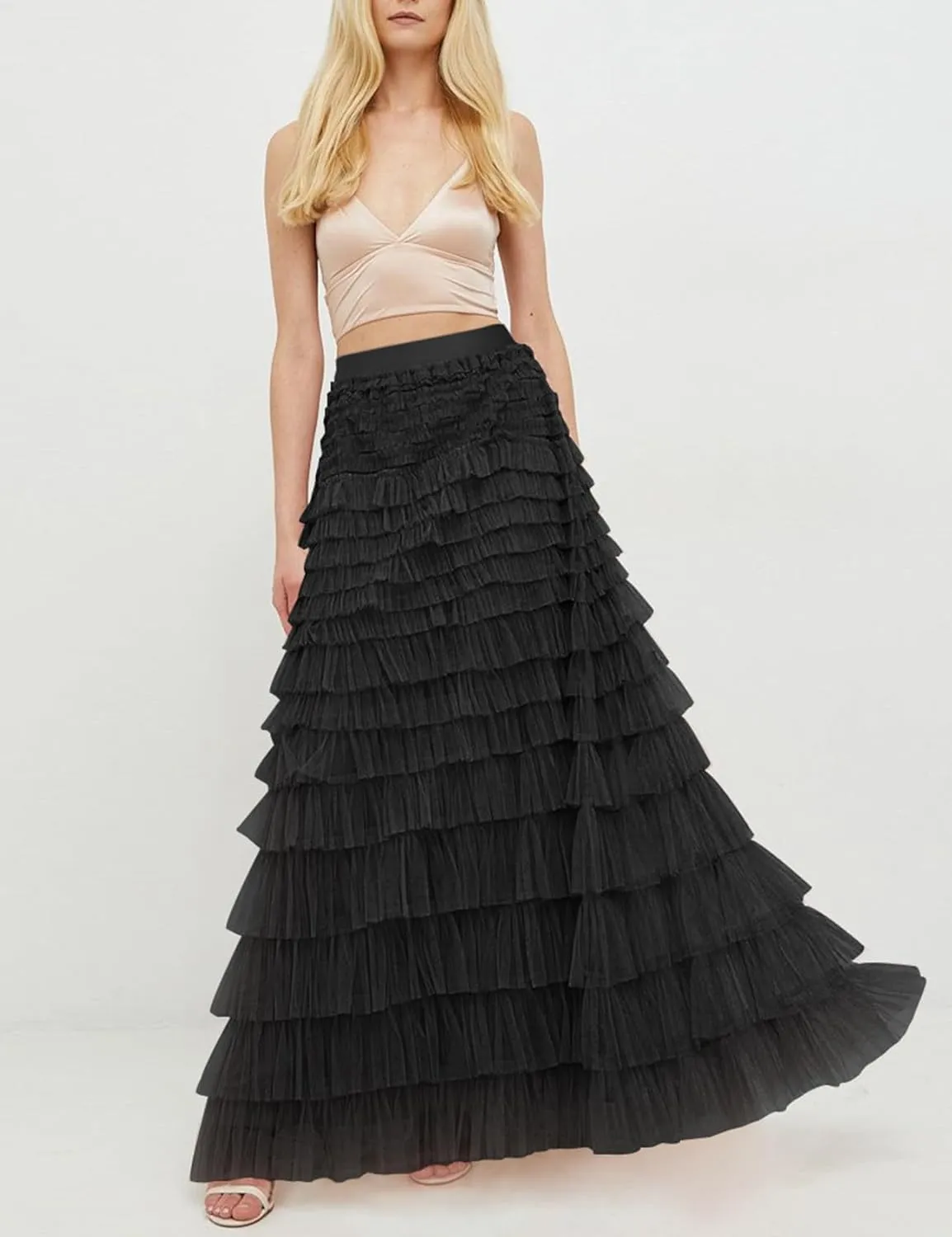 PEHMEA Women's Tiered Tulle Midi Skirt Elastic High Waist Flowy A-Line Maxi Skirts with Ruffle Layers for Party Wedding Daily