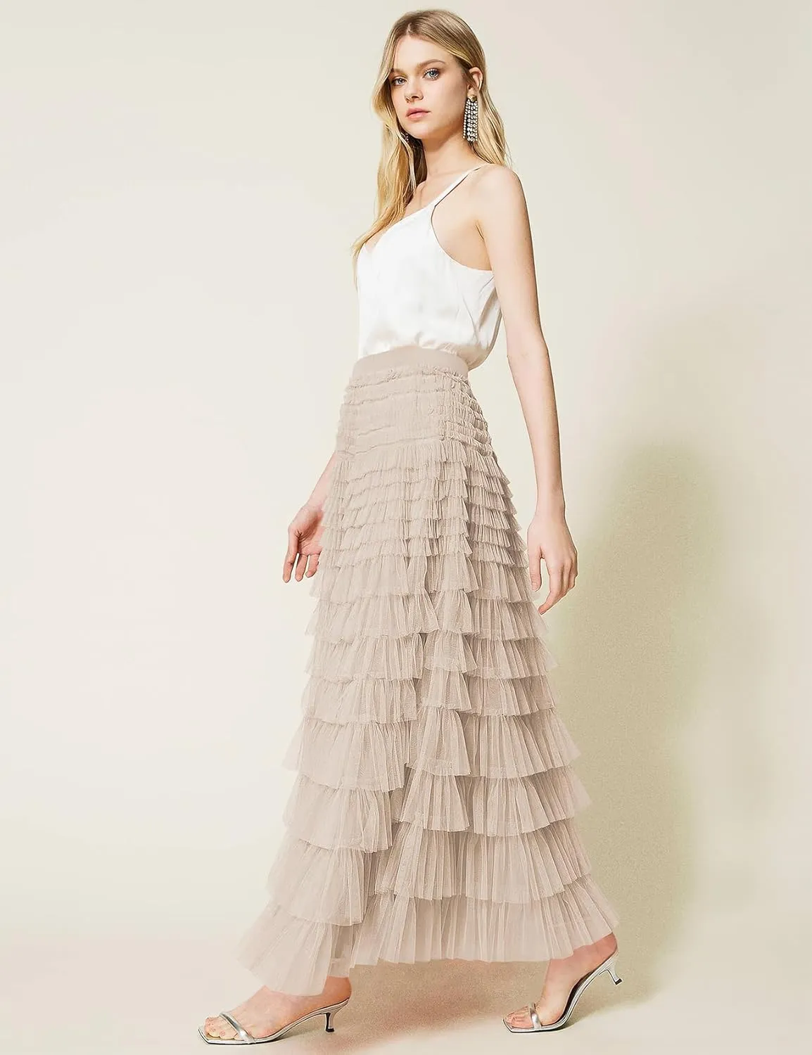 PEHMEA Women's Tiered Tulle Midi Skirt Elastic High Waist Flowy A-Line Maxi Skirts with Ruffle Layers for Party Wedding Daily