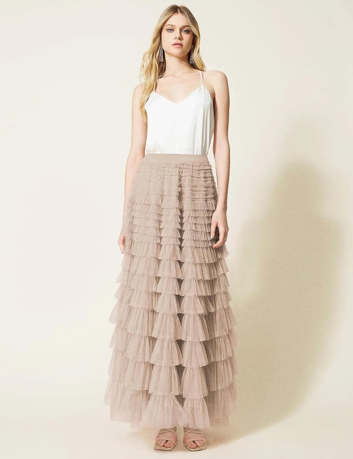 PEHMEA Women's Tiered Tulle Midi Skirt Elastic High Waist Flowy A-Line Maxi Skirts with Ruffle Layers for Party Wedding Daily