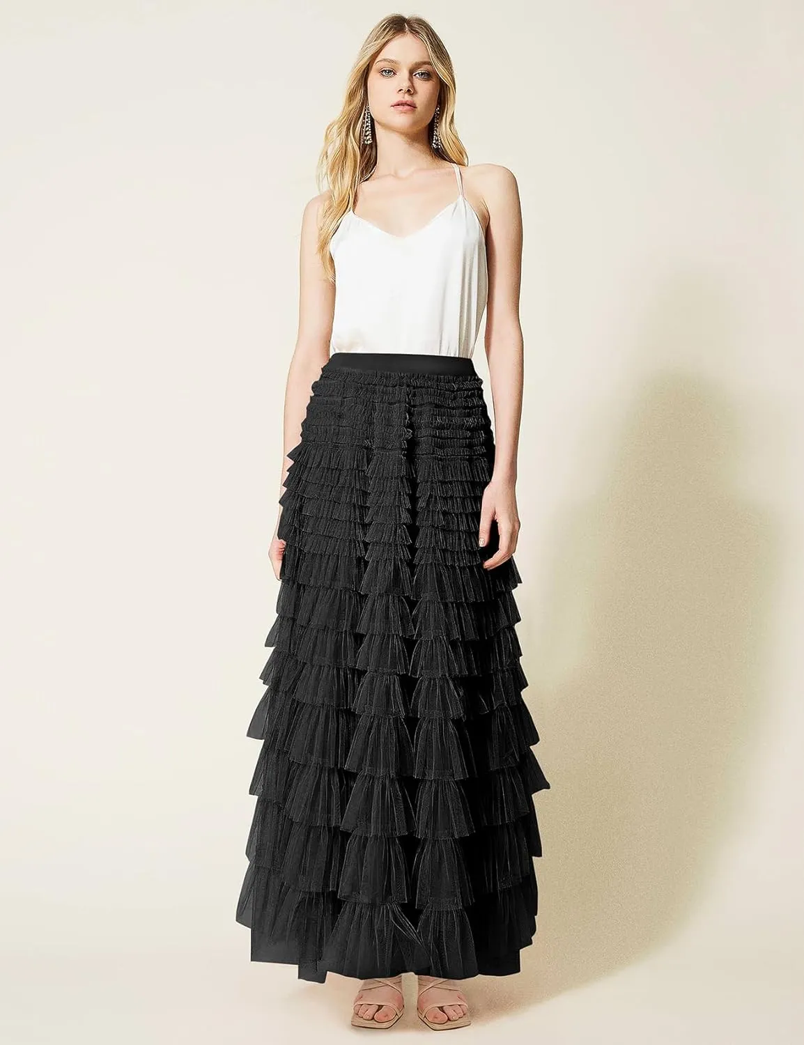PEHMEA Women's Tiered Tulle Midi Skirt Elastic High Waist Flowy A-Line Maxi Skirts with Ruffle Layers for Party Wedding Daily