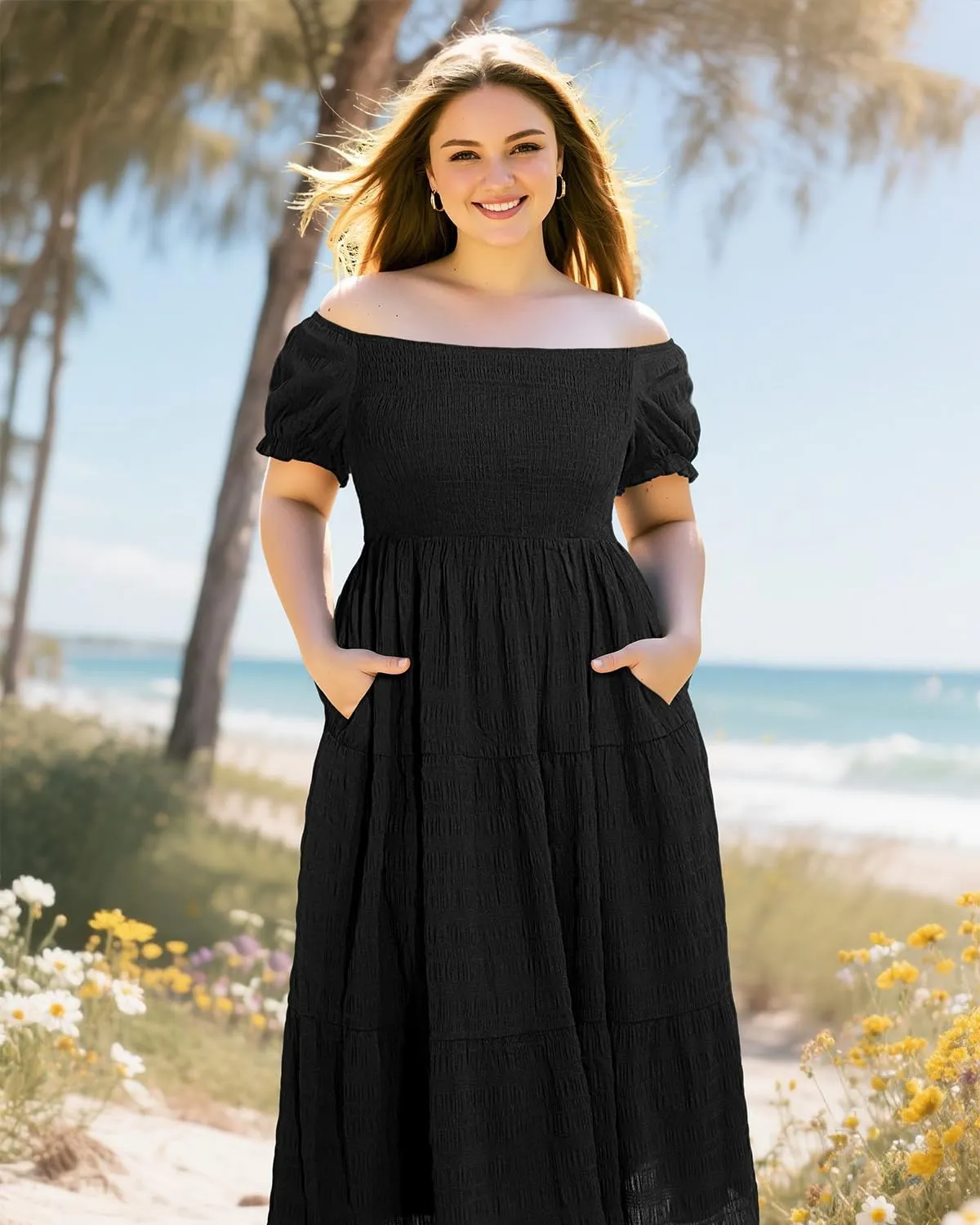 Pinup Fashion Plus Size Summer Dresses - Off Shoulder Casual Graduation Baby Shower Long Sun Dress with Pockets